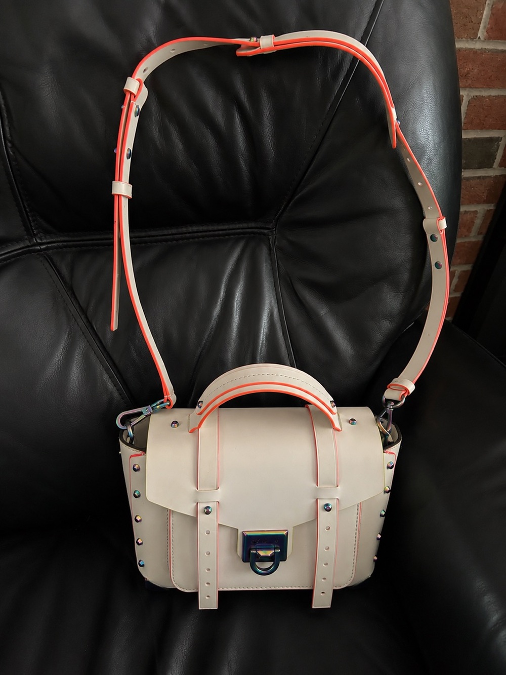 Michael Kors Cream Crossbody Satchel with Neon Coral Trim